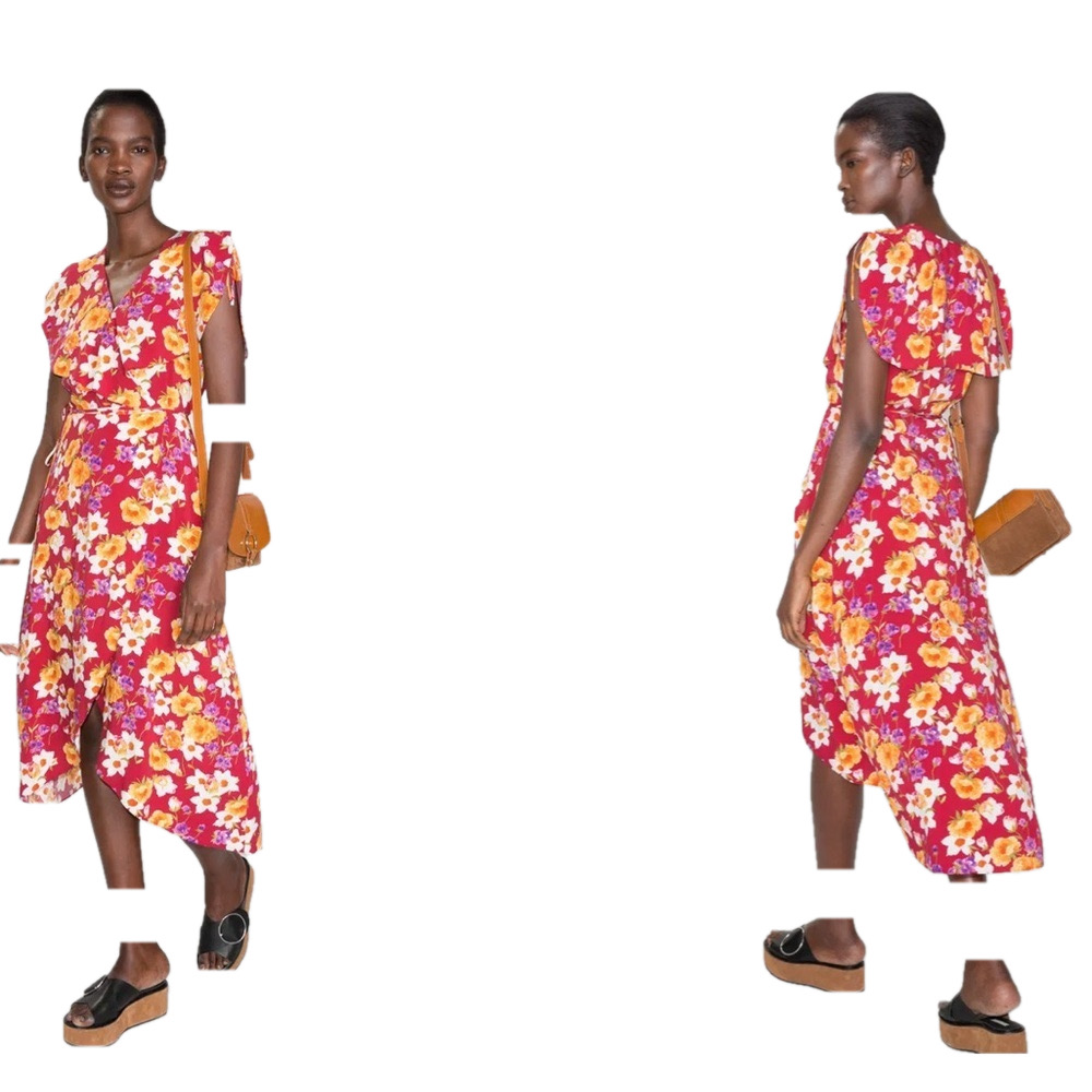 & Other Stories Floral Wrap Dress Red  Flower pattern Size 4 Los Angeles